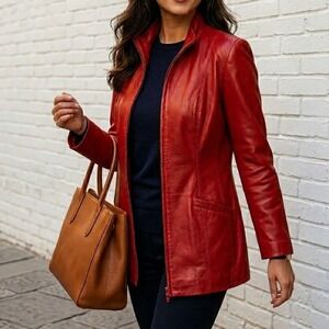 Danier Leather Jacket Womens Medium Red Zip Up Mock Neck Coat Butter Soft Rocker